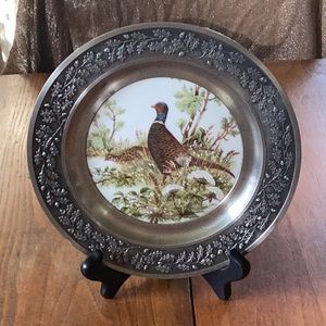 1980s/90s SKS Zinn Germany pheasant porcelain center 95% pewter rim 8” plate